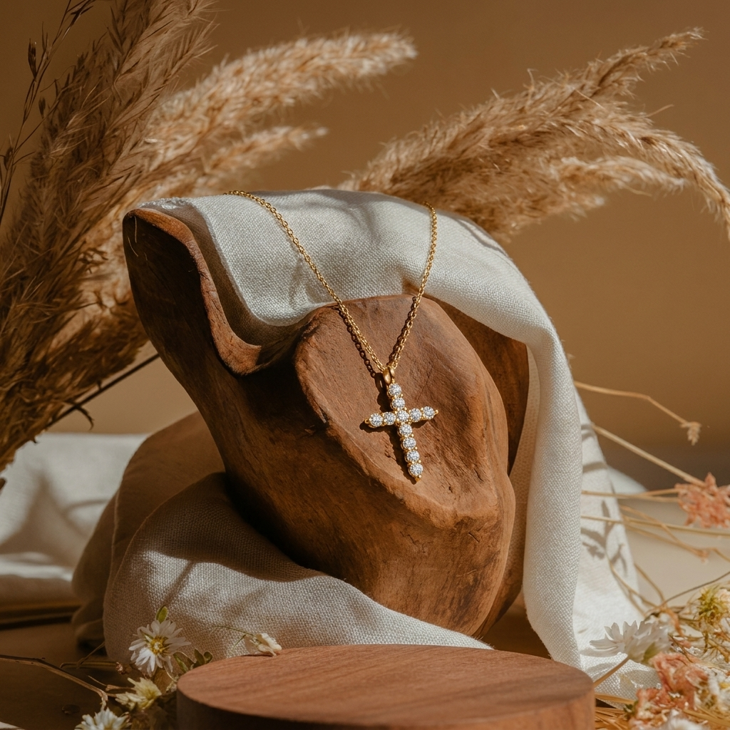 Crystal Cross Gold Necklace - view 4