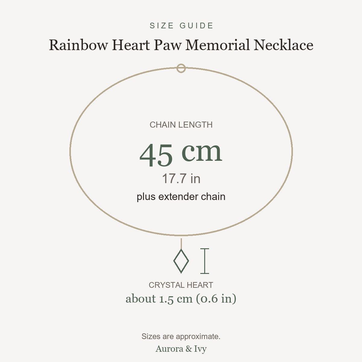 Rainbow Heart Paw Memorial Necklace size guide