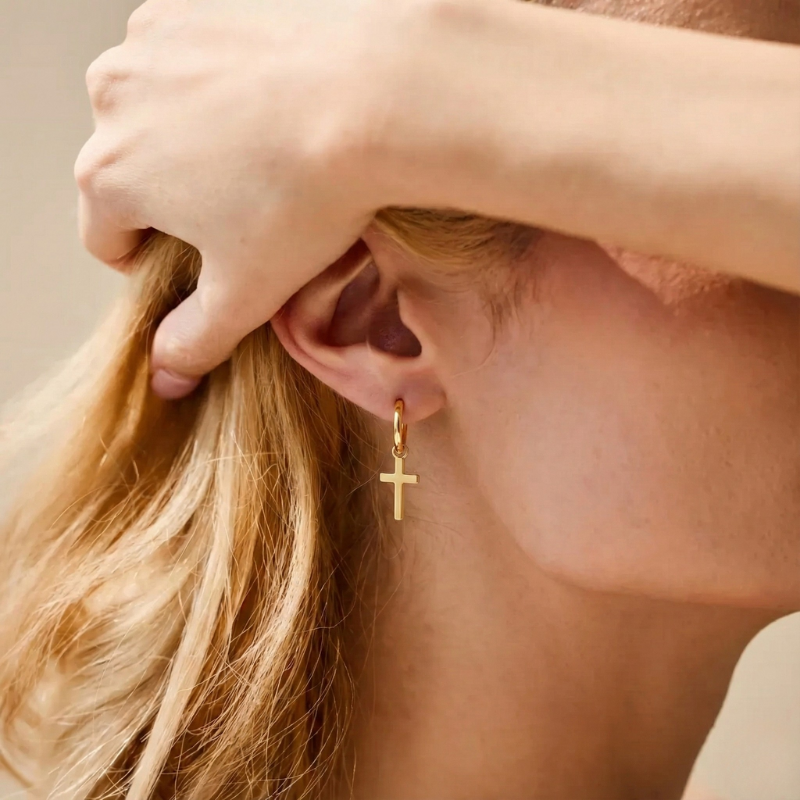 Cross Drop Hoop Earrings - view 4