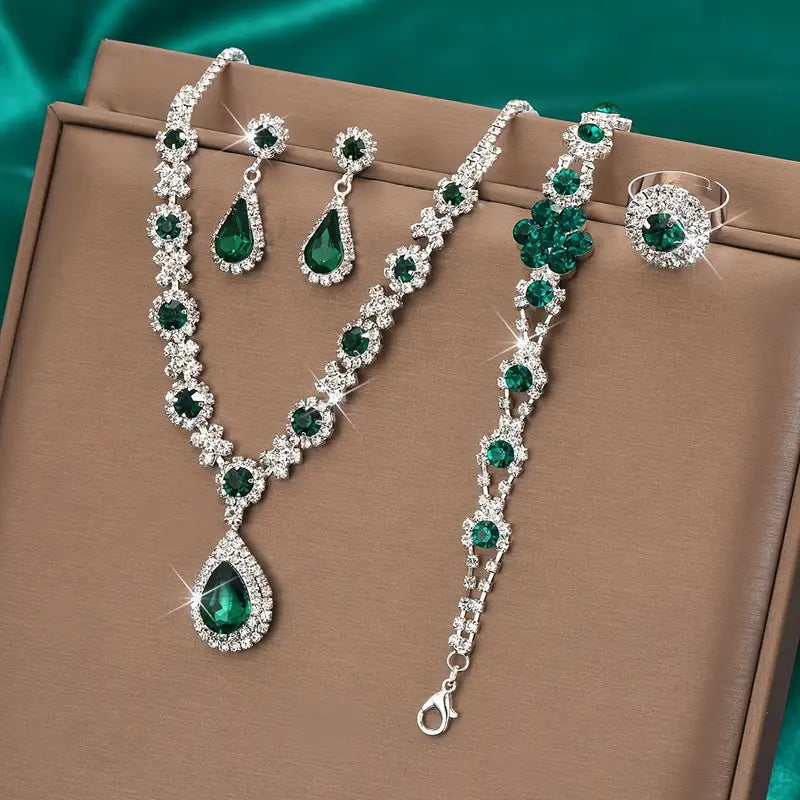 Emerald-Green Teardrop Silver Jewellery Set