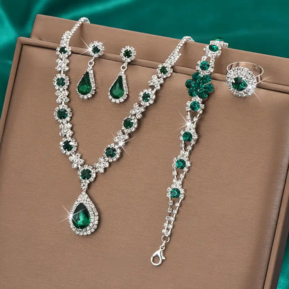 Emerald-Green Teardrop Silver Jewellery Set