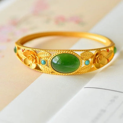 Green Stone Floral Gold Bangle