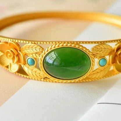 Green Stone Floral Gold Bangle - view 2