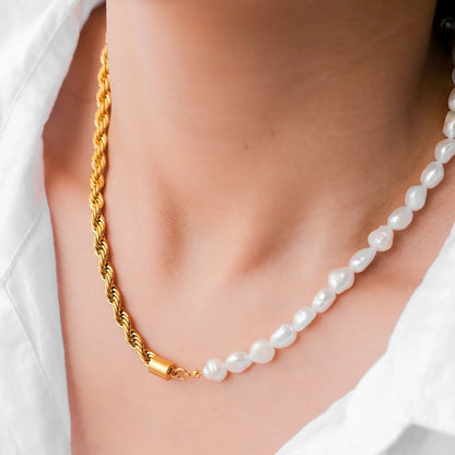 Half Rope Half Pearl Gold Necklace - view 2