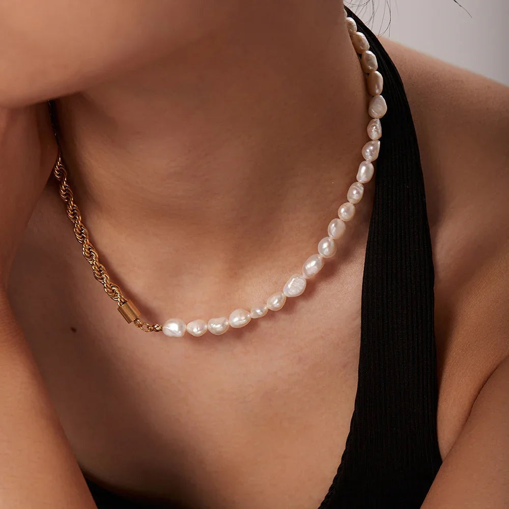 Half Rope Half Pearl Gold Necklace - view 3