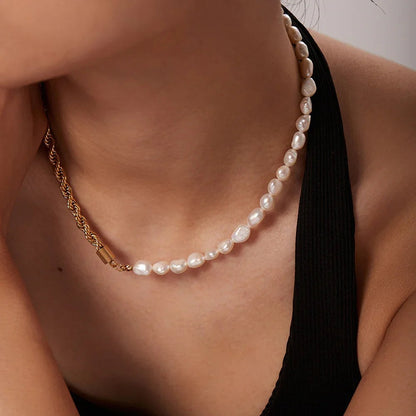 Half Rope Half Pearl Gold Necklace - view 3