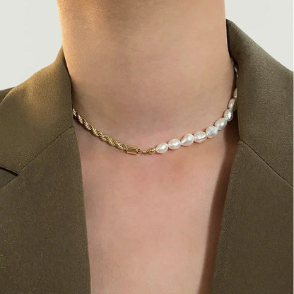 Half Rope Half Pearl Gold Necklace - view 4
