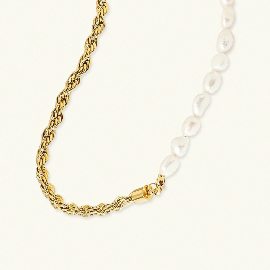 Half Rope Half Pearl Gold Necklace - view 5