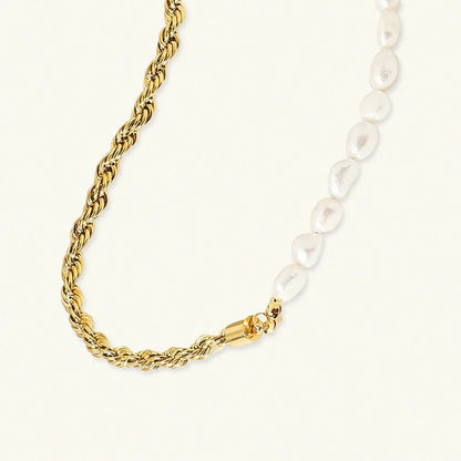 Half Rope Half Pearl Gold Necklace - view 5