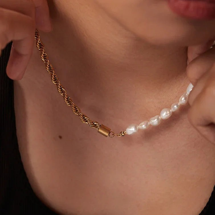 Half Rope Half Pearl Gold Necklace - view 6