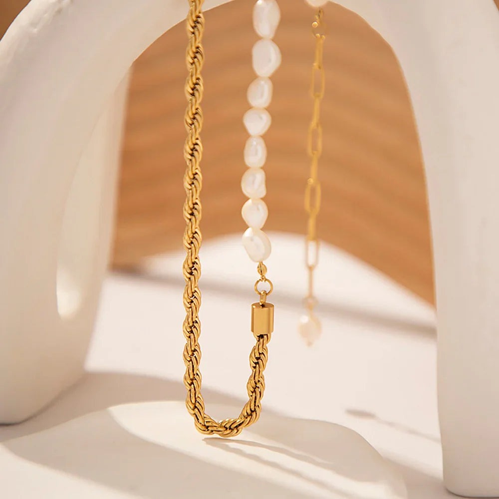 Half Rope Half Pearl Gold Necklace - view 7