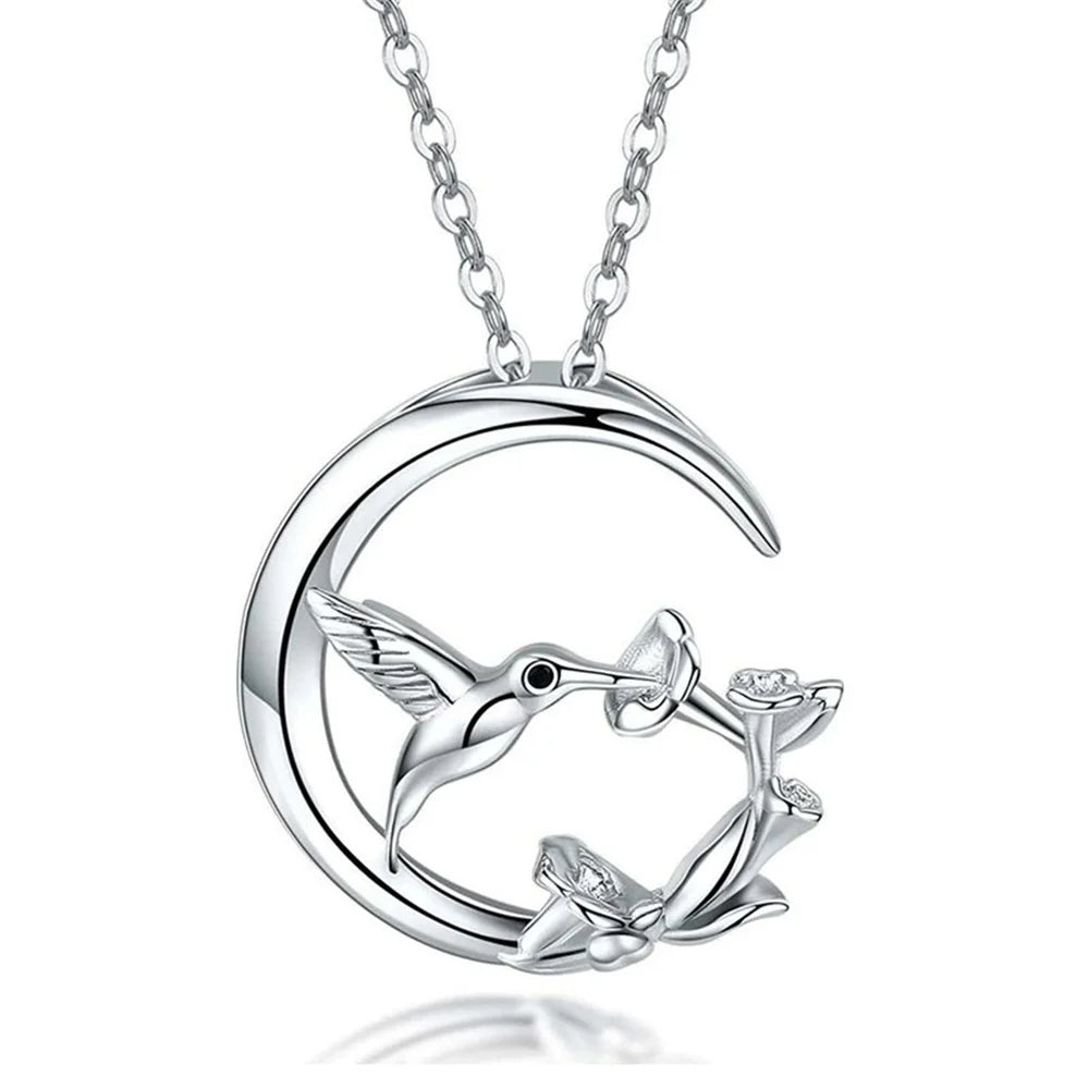 Hummingbird and Moon Pendant Necklace