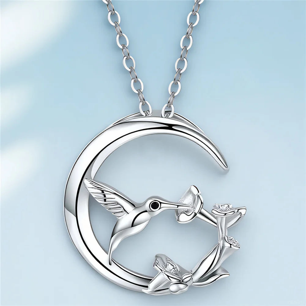 Hummingbird and Moon Pendant Necklace - view 2