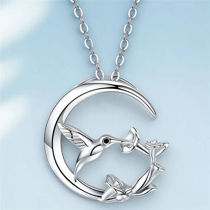 Hummingbird and Moon Pendant Necklace - view 2