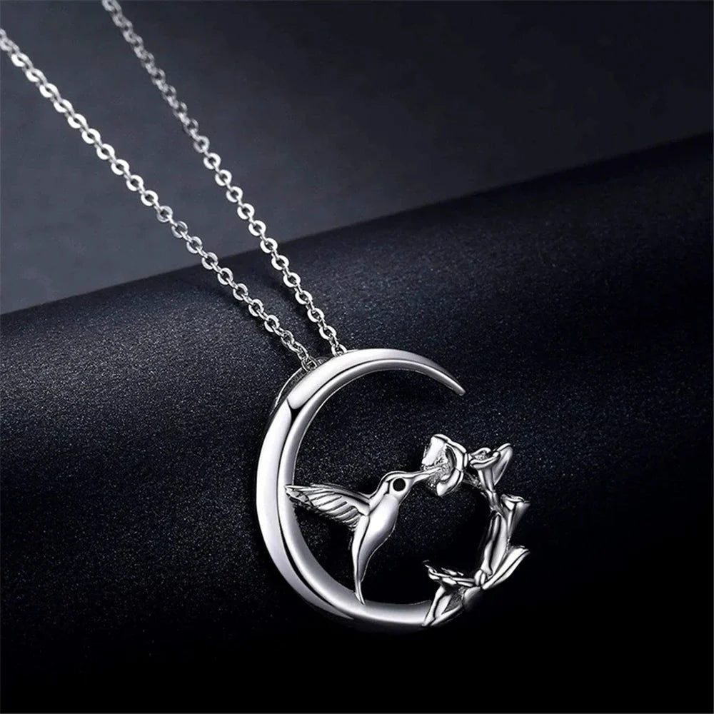 Hummingbird and Moon Pendant Necklace - view 3