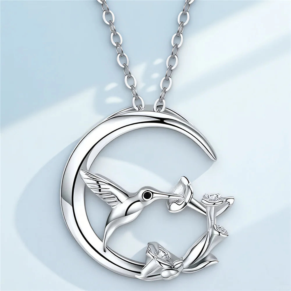 Hummingbird and Moon Pendant Necklace - view 4
