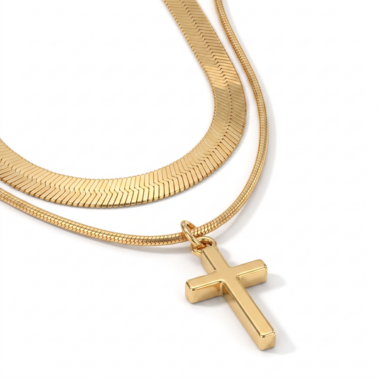 Layered Herringbone Cross Necklace
