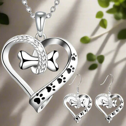 Paw, Heart & Bone Necklace and Earrings Set