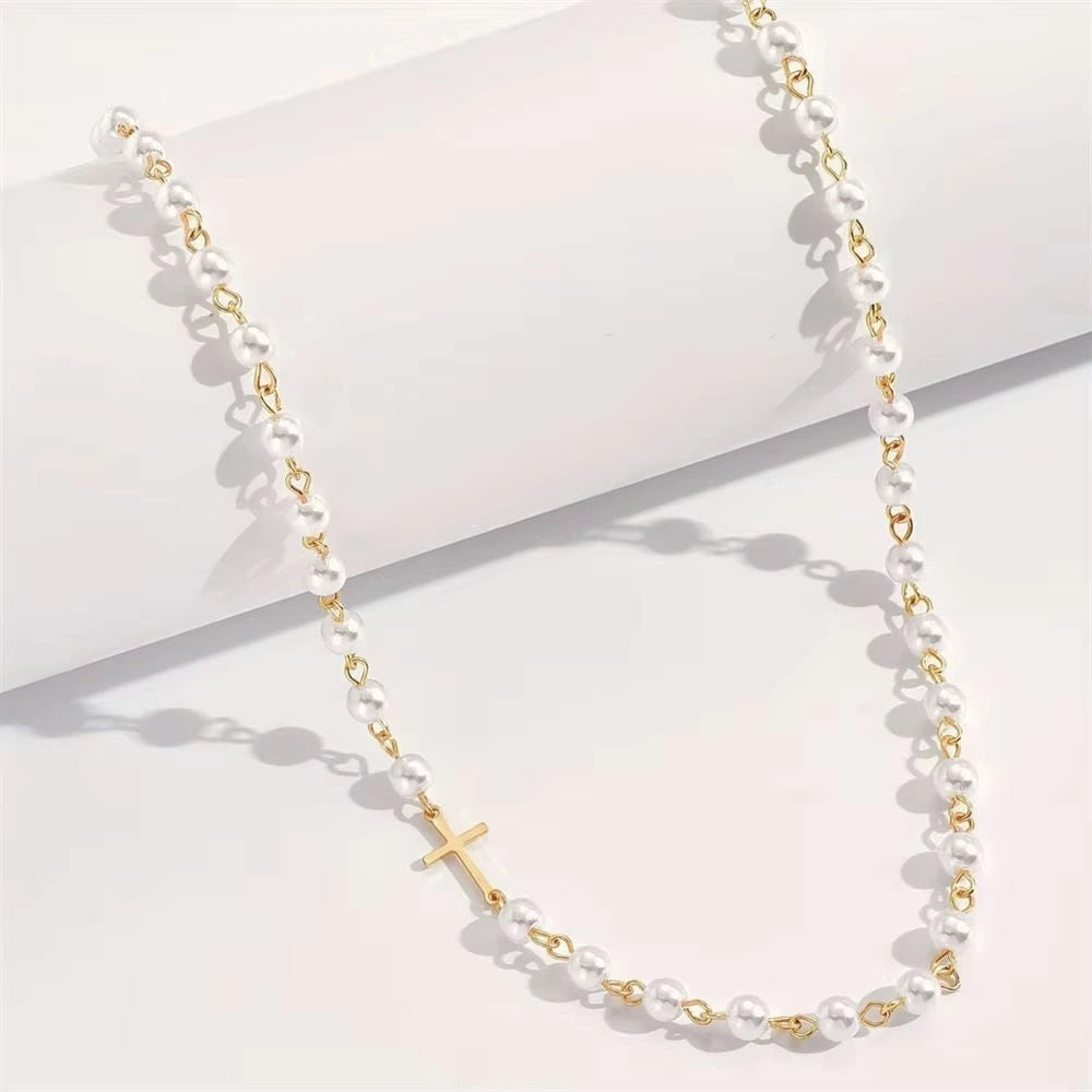 Pearl Chain Sideways Cross Necklace