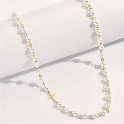 Pearl Chain Sideways Cross Necklace