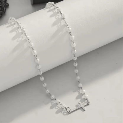 Pearl Chain Sideways Cross Necklace - view 3