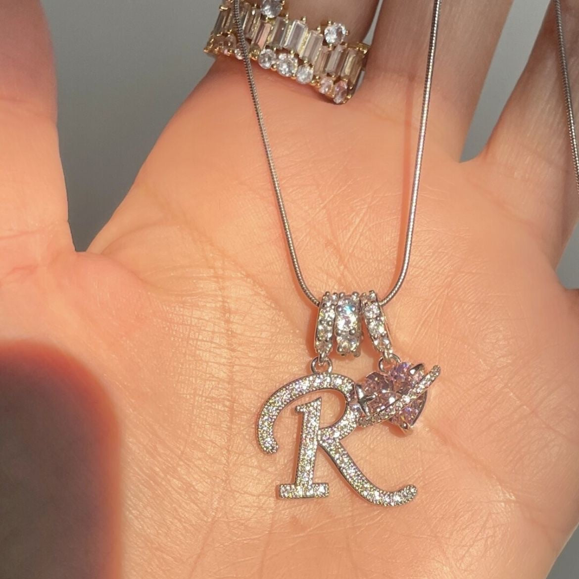 Pink Heart Script Initial Necklace - view 2