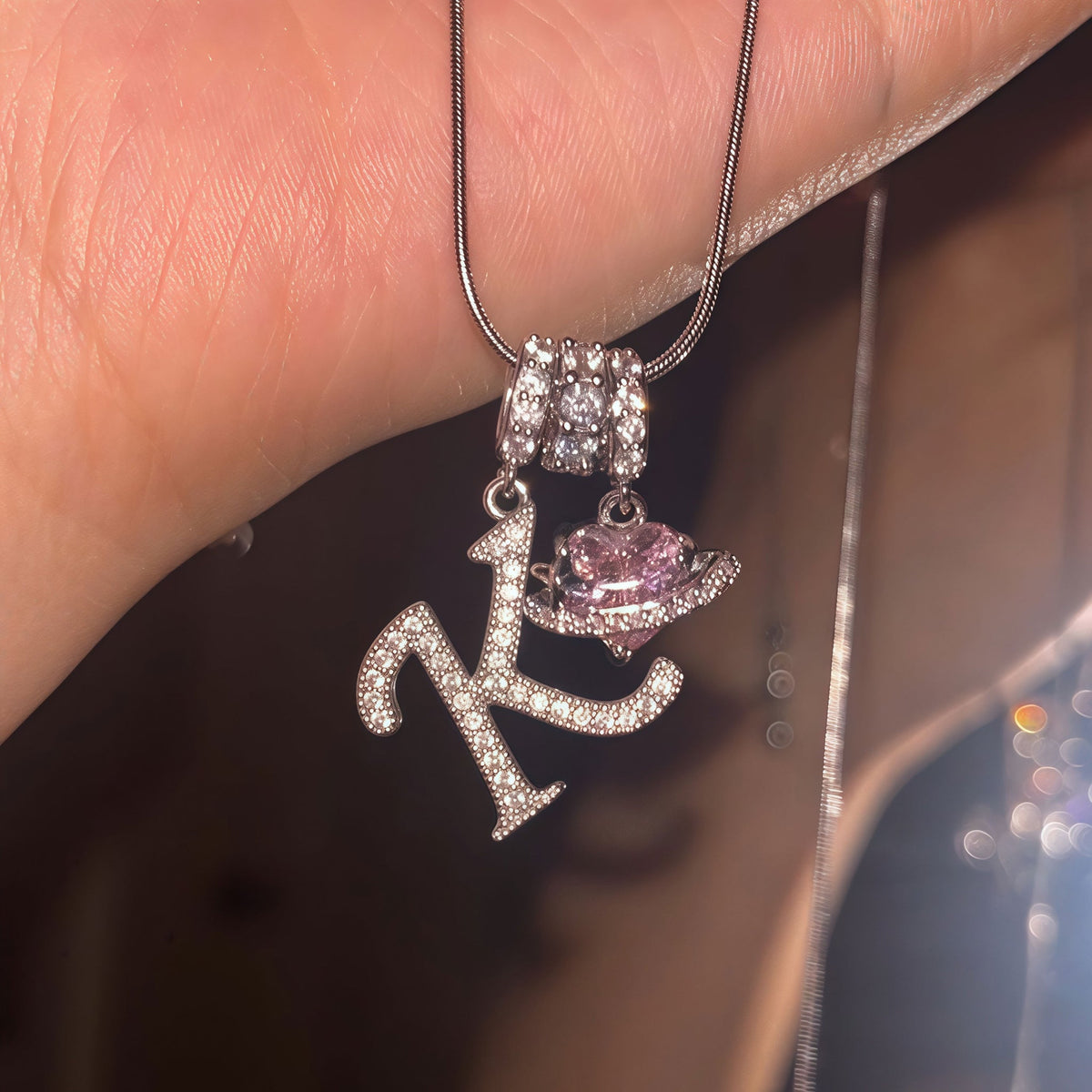 Pink Heart Script Initial Necklace - view 3