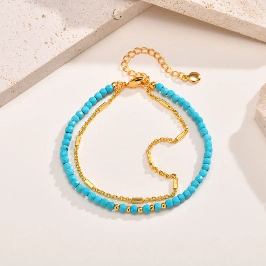 Turquoise Bead Double-Strand Gold Bracelet