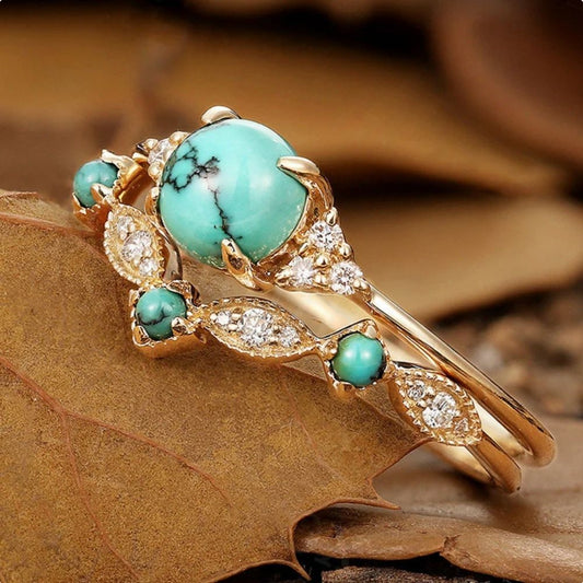 Turquoise Crown Gold Ring Set