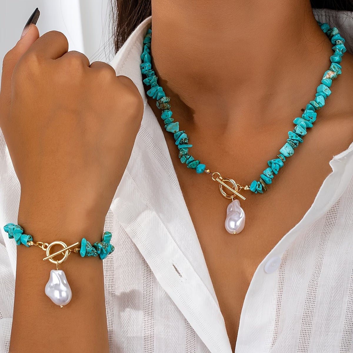 Turquoise Pearl Toggle Necklace and Bracelet Set - view 2