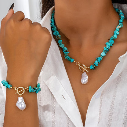 Turquoise Pearl Toggle Necklace and Bracelet Set - view 2